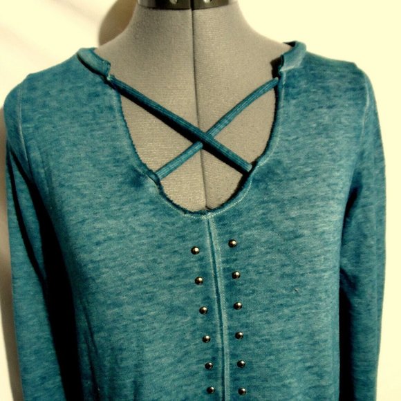 ROCK & REPUBLIC Studs Sweatshirt Top XS Blue Caged V-neck LS Trendy mineral wash - Picture 1 of 10
